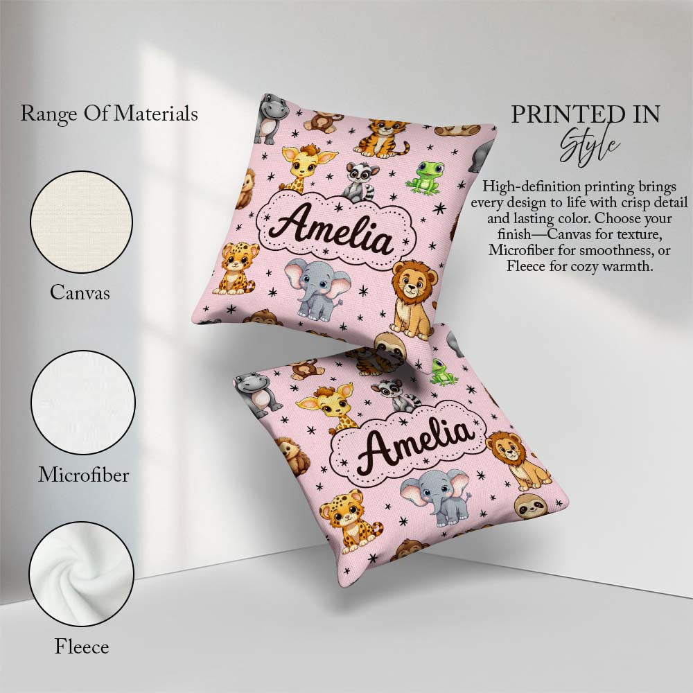 Custom Name Cartoon Safari Animals with Stars on Pink Background Square Filled Cushion Throw Pillow Sofa Bed Home Decor Zip Washable UK Made