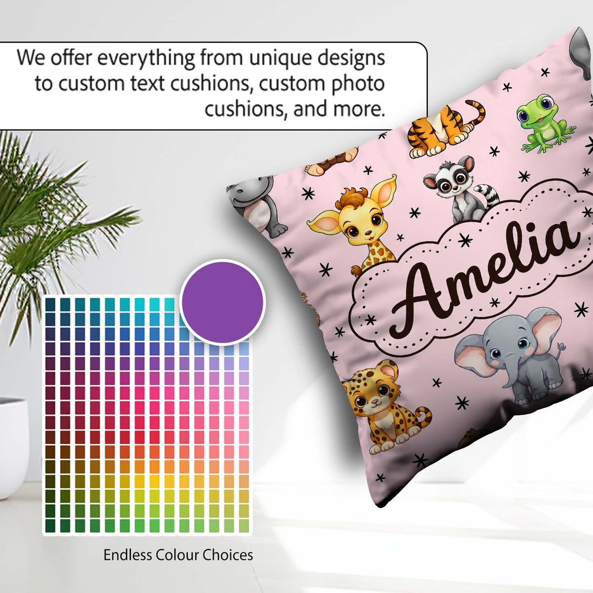 Custom Name Cartoon Safari Animals with Stars on Pink Background Square Filled Cushion Throw Pillow Sofa Bed Home Decor Zip Washable UK Made
