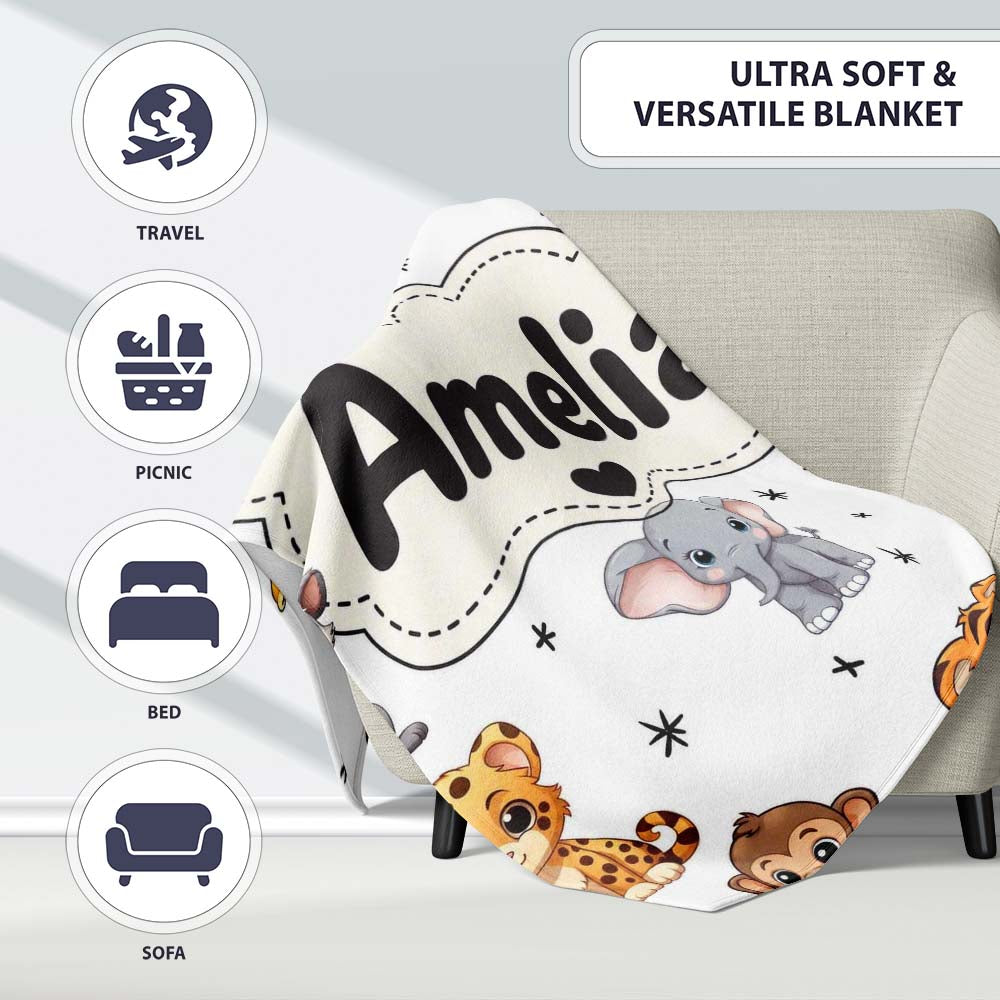 Cute Cartoon Safari Animals with Stars on Light Grey Background Personalised Custom Name Super Soft Fleece Blanket Bed Sofa Throw
