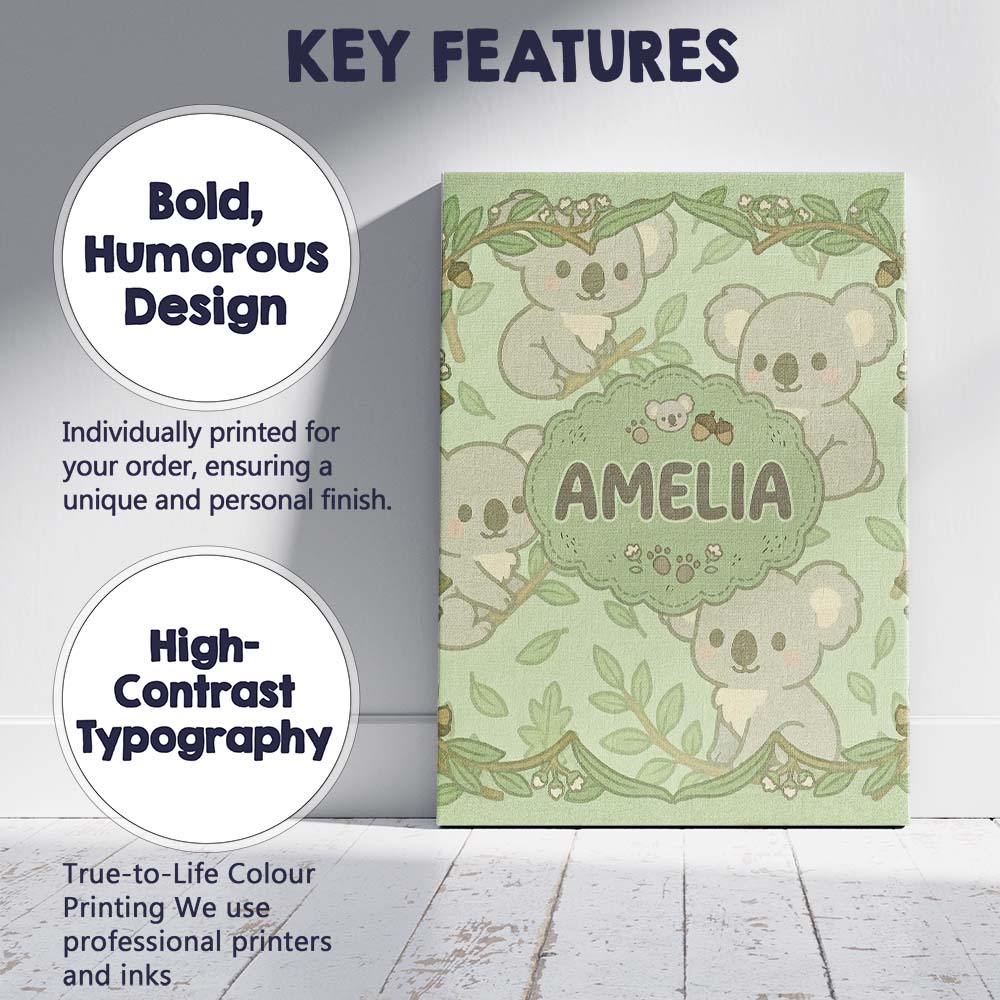 Personalised Name Cute Koala Cartoon Animal Pattern Thoughtful Custom Decorative Canvas Wall Art Print Decor Picture Ready to Hang
