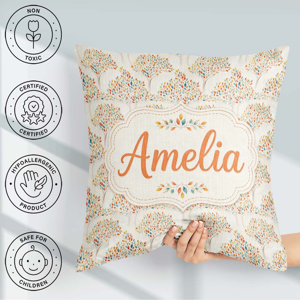Custom Name Colourful Leafy Trees Seamless Pattern on Background Square Filled Cushion Throw Pillow Sofa Bed Home Decor Zip Washable UK Made