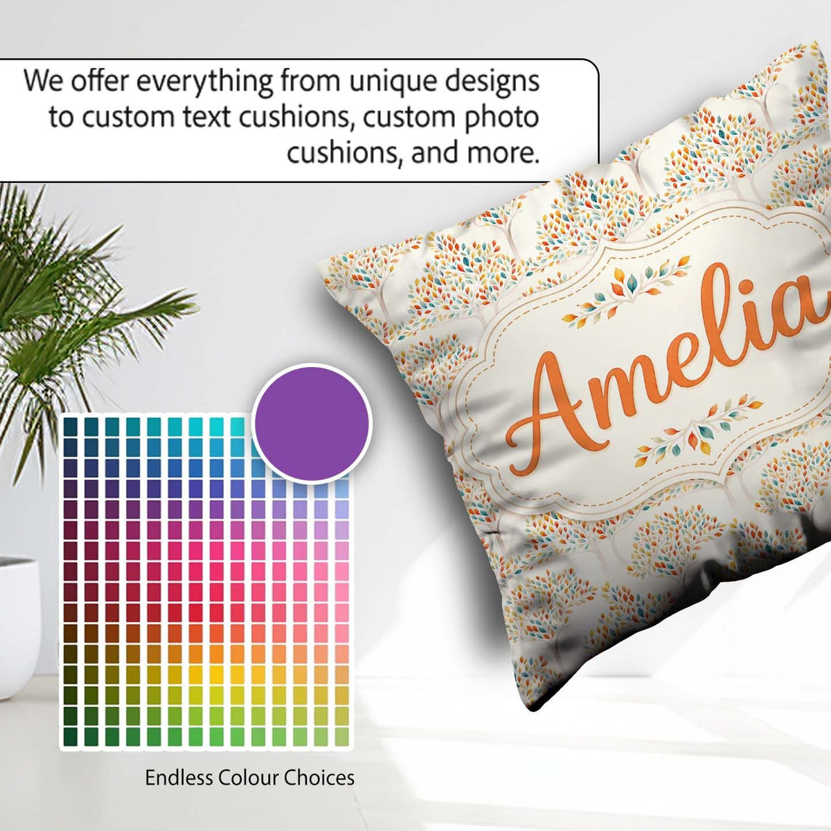Custom Name Colourful Leafy Trees Seamless Pattern on Background Square Filled Cushion Throw Pillow Sofa Bed Home Decor Zip Washable UK Made