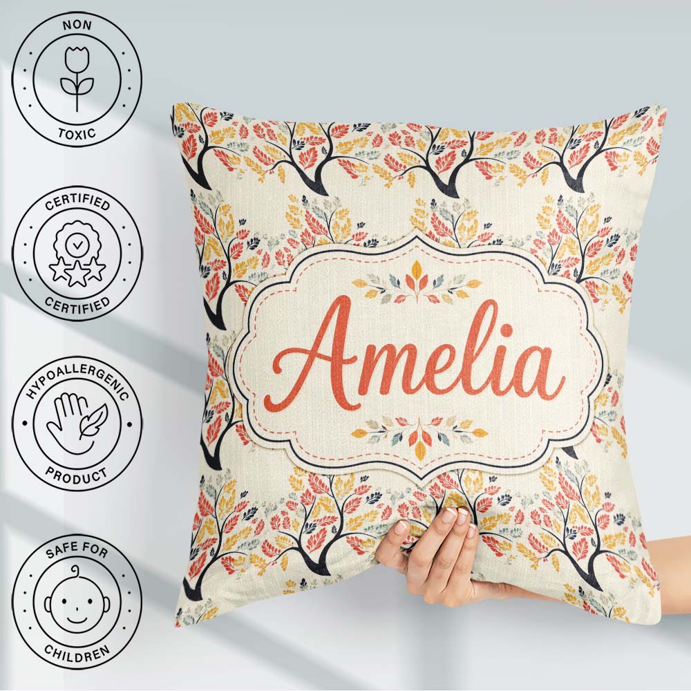 Custom Name Decorative Branch Trees with Autumn Seamless Pattern Square Filled Cushion Throw Pillow Sofa Bed Home Decor Zip Washable UK Made