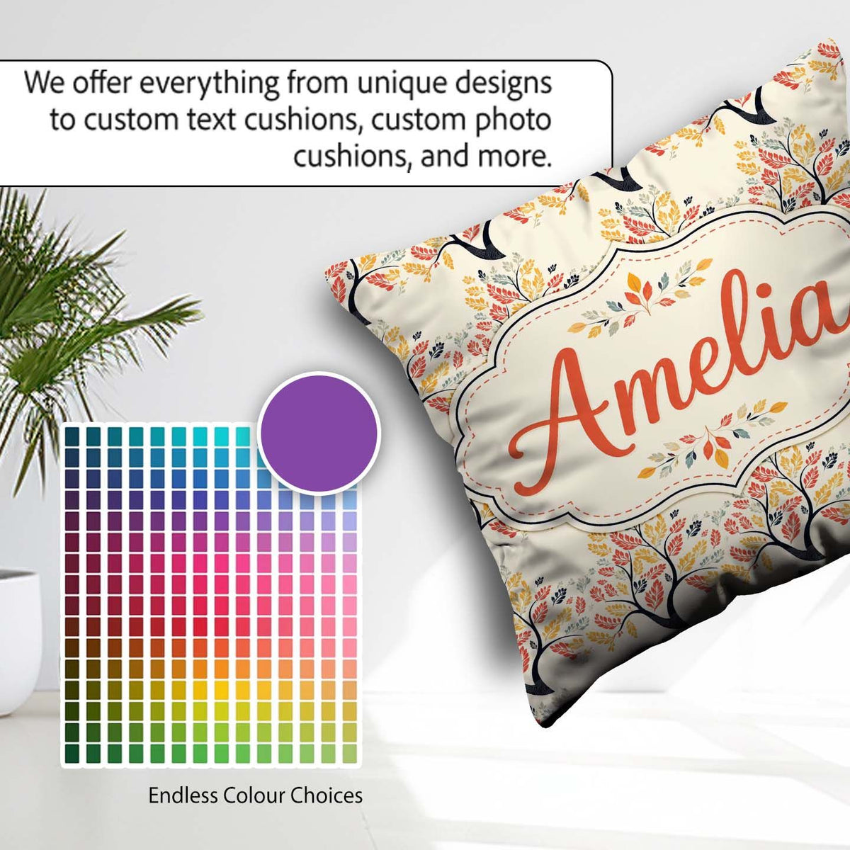 Custom Name Decorative Branch Trees with Autumn Seamless Pattern Square Filled Cushion Throw Pillow Sofa Bed Home Decor Zip Washable UK Made