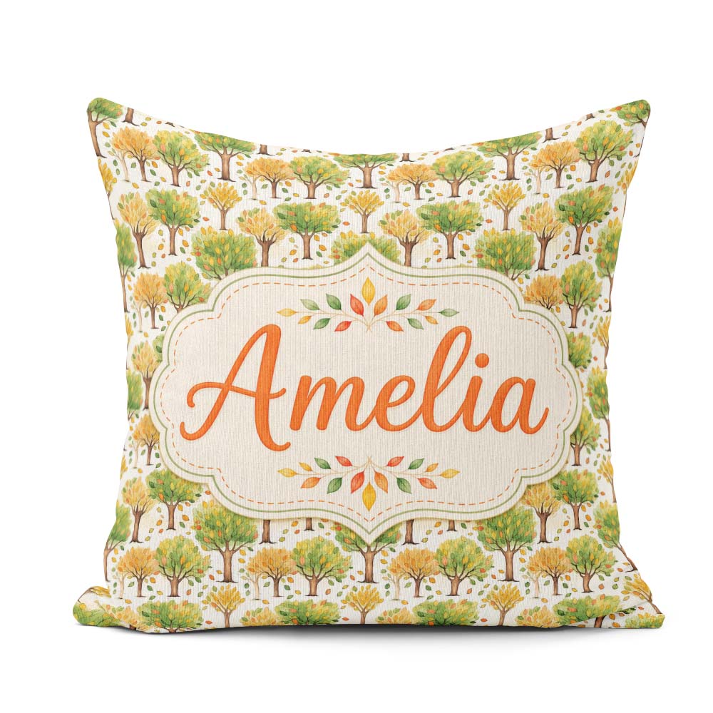 Custom Name Watercolour Autumn Trees with Falling Leaves Pattern Square Filled Cushion Throw Pillow Sofa Bed Home Decor Zip Washable UK Made