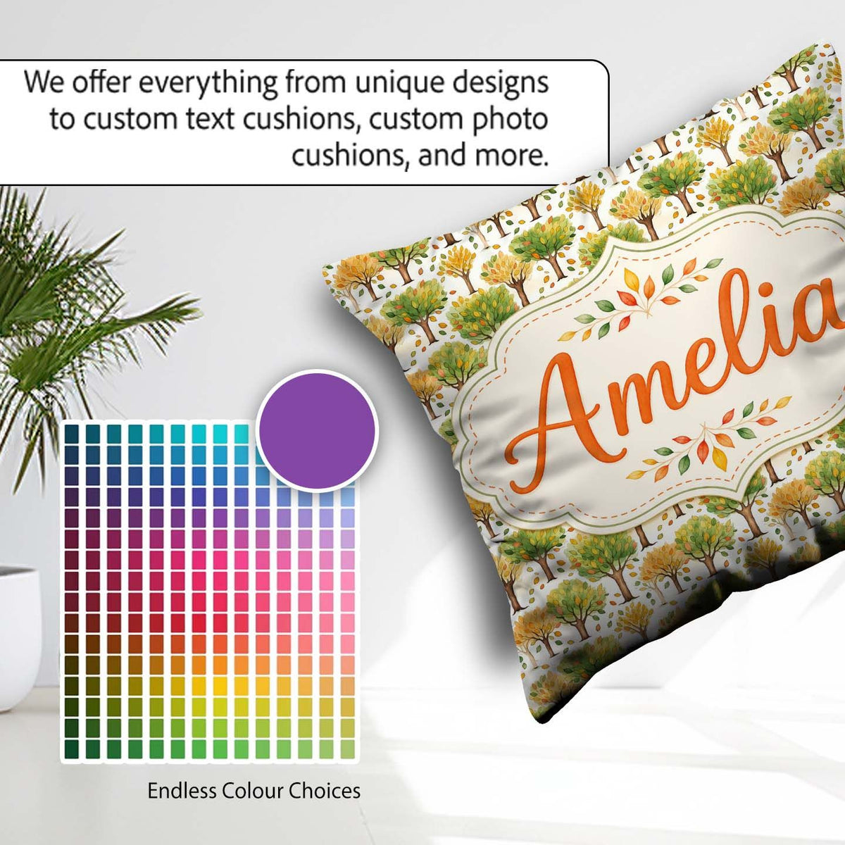 Custom Name Watercolour Autumn Trees with Falling Leaves Pattern Square Filled Cushion Throw Pillow Sofa Bed Home Decor Zip Washable UK Made