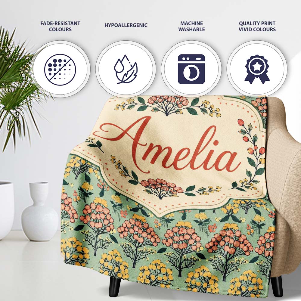 Floral Botanical Bush Pattern with Yellow and Coral Blossoms Lovely Personalised Custom Name Super Soft Fleece Blanket Bed Sofa Throw