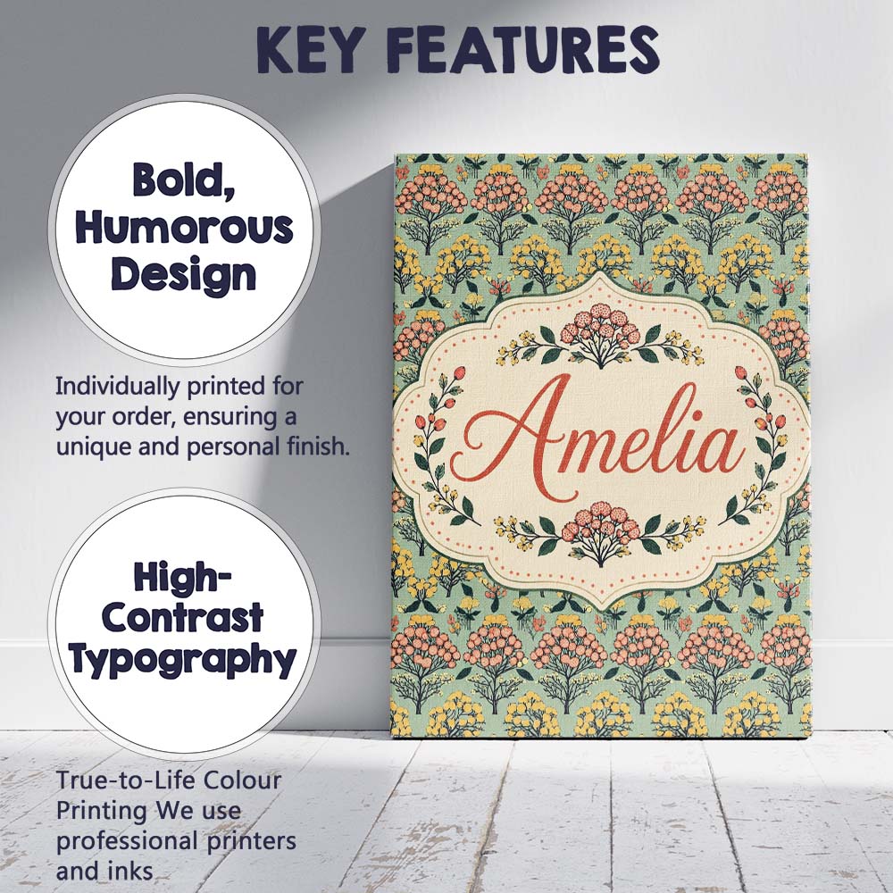 Personalised Name Floral Botanical Bush Custom Modern Room Accent Elegant Feature Canvas Wall Art Print Decor Picture Ready to Hang