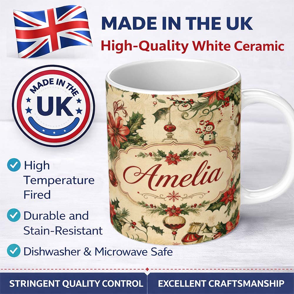 Personalized Custom Name Classic Christmas Holly Poinsettia Baubles Seamless Pattern Festive 11oz Ceramic Coffee Tea Mug White Large Handle