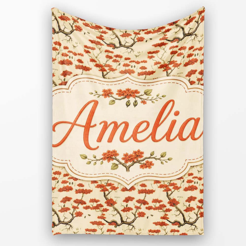 Elegant Oriental Style Red Blossom Trees Seamless Pattern on Cream Personalised Custom Name Super Soft Fleece Blanket Bed Sofa Throw