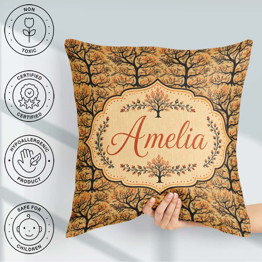 Custom Name Autumn Branch Silhouette Tree Pattern in Warm Earthy Square Filled Cushion Throw Pillow Sofa Bed Home Decor Zip Washable UK Made
