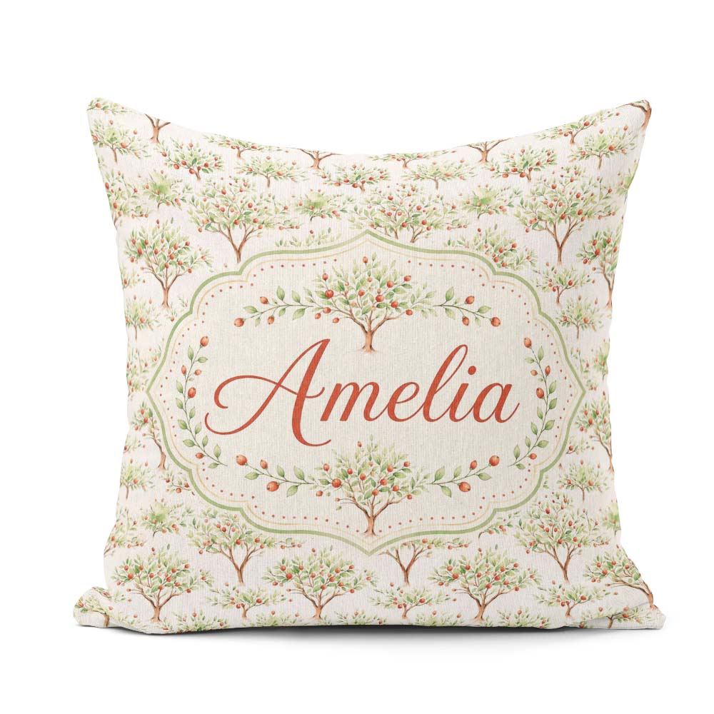 Custom Name Apple Tree Motif with Soft Green Leaves on Cream Square Filled Cushion Throw Pillow Sofa Bed Home Decor Zip Washable UK Made
