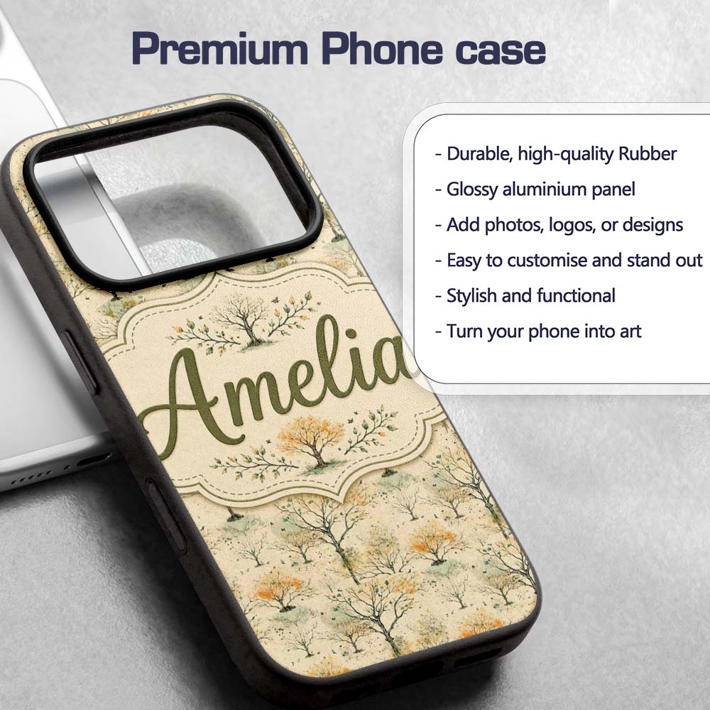 Minimal Winter Trees with Subtle Foliage and Custom Name Protective Phone Case Mobile Cover Durable Everyday Smartphone Shock Resistant