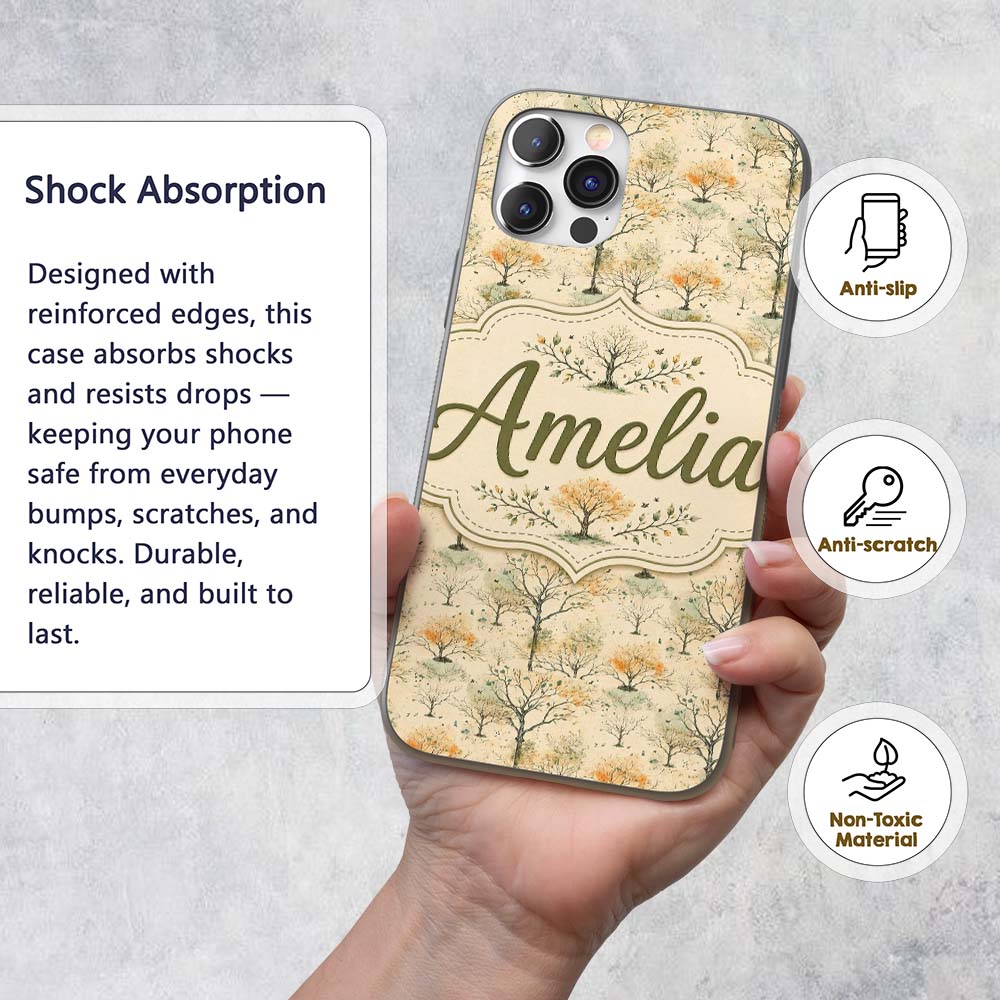 Minimal Winter Trees with Subtle Foliage and Custom Name Protective Phone Case Mobile Cover Durable Everyday Smartphone Shock Resistant