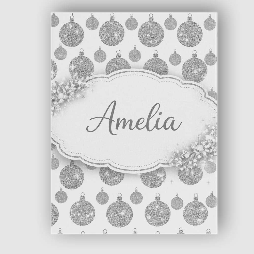 Personalised Name Silver Glitter Bauble Christmas Pattern Minimal Custom Bespoke Canvas Wall Art Print Decor Picture Ready to Hang