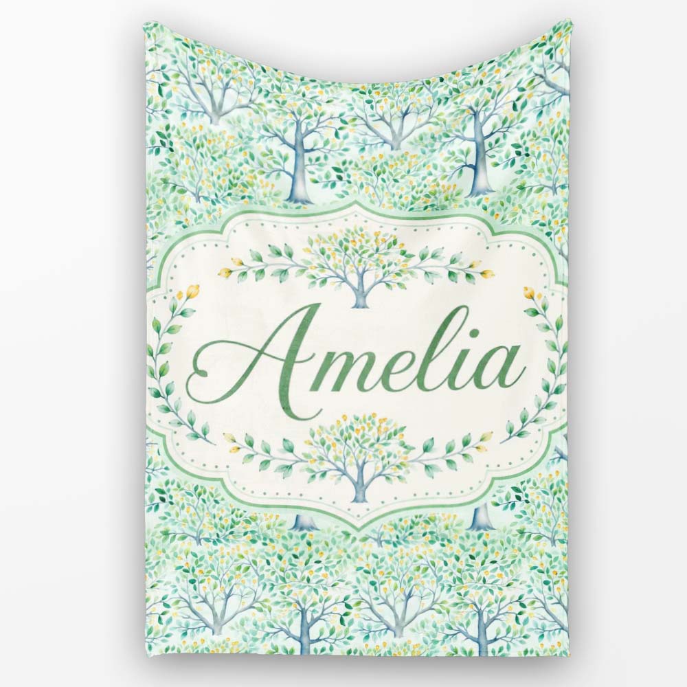 Soft Blue Green Stylised Trees with Delicate Leaves Seamless Pattern Personalised Custom Name Super Soft Fleece Blanket Bed Sofa Throw