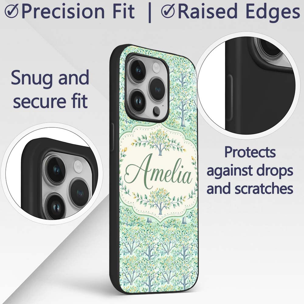 Soft Blue Green Stylised Trees with Delicate Custom Name Protective Phone Case Mobile Cover Durable Everyday Smartphone Shock Resistant