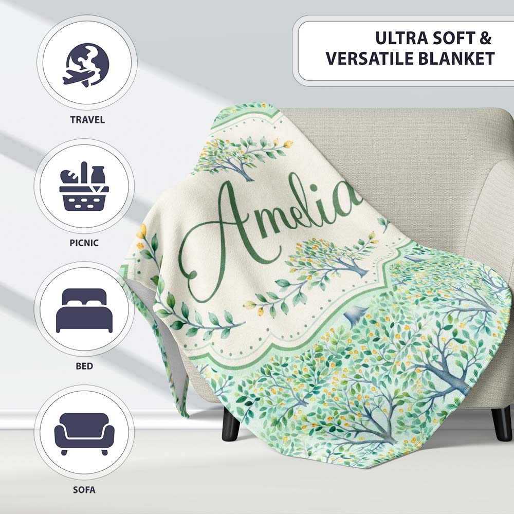Soft Blue Green Stylised Trees with Delicate Leaves Seamless Pattern Personalised Custom Name Super Soft Fleece Blanket Bed Sofa Throw