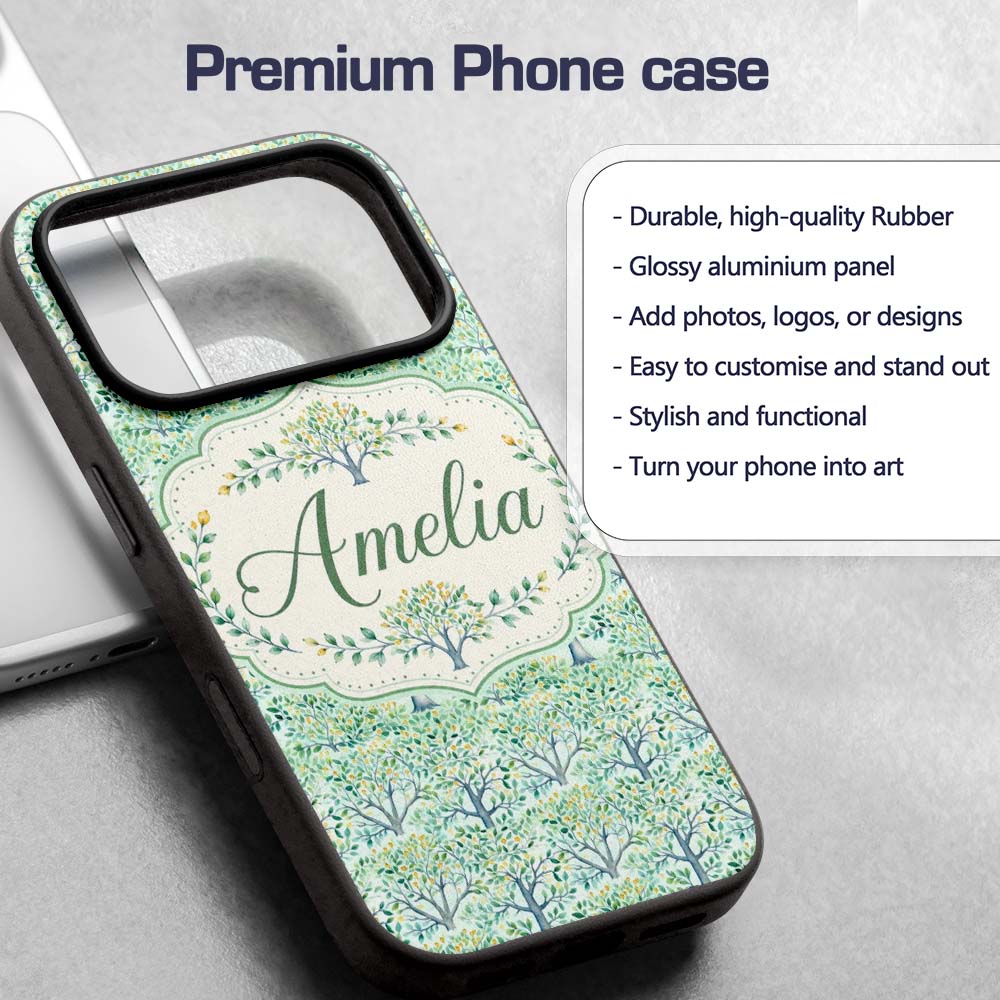 Soft Blue Green Stylised Trees with Delicate Custom Name Protective Phone Case Mobile Cover Durable Everyday Smartphone Shock Resistant