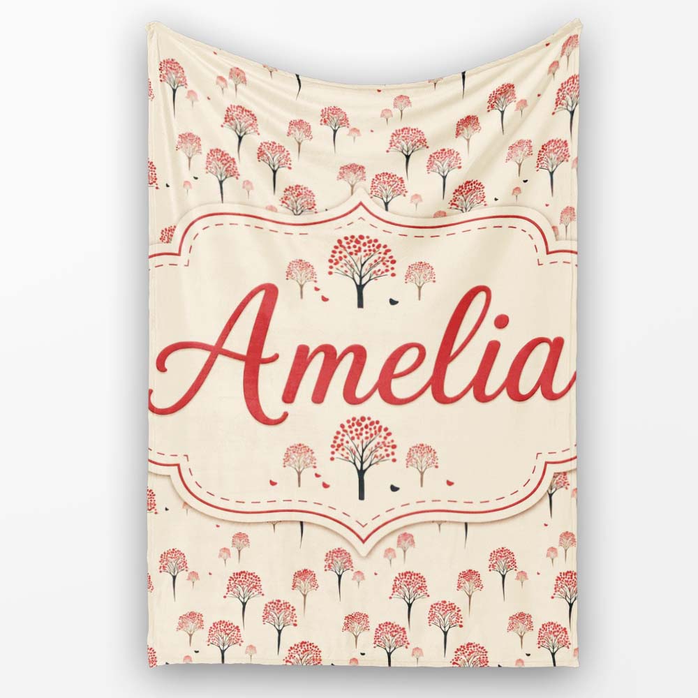Simple Red Berry Tree Motif on Neutral Background Minimal Botanical Personalised Custom Name Super Soft Fleece Blanket Bed Sofa Throw