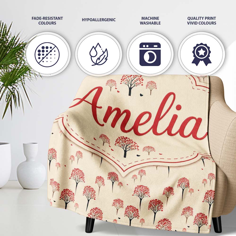 Simple Red Berry Tree Motif on Neutral Background Minimal Botanical Personalised Custom Name Super Soft Fleece Blanket Bed Sofa Throw