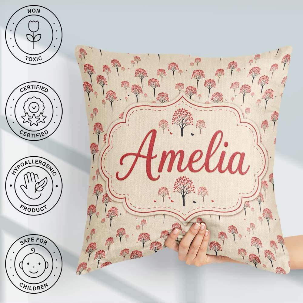 Custom Name Simple Red Berry Motif on Neutral Background Minimal Square Filled Cushion Throw Pillow Sofa Bed Home Decor Zip Washable UK Made