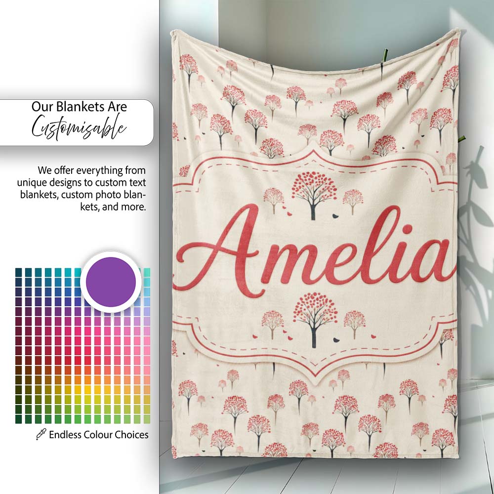 Simple Red Berry Tree Motif on Neutral Background Minimal Botanical Personalised Custom Name Super Soft Fleece Blanket Bed Sofa Throw
