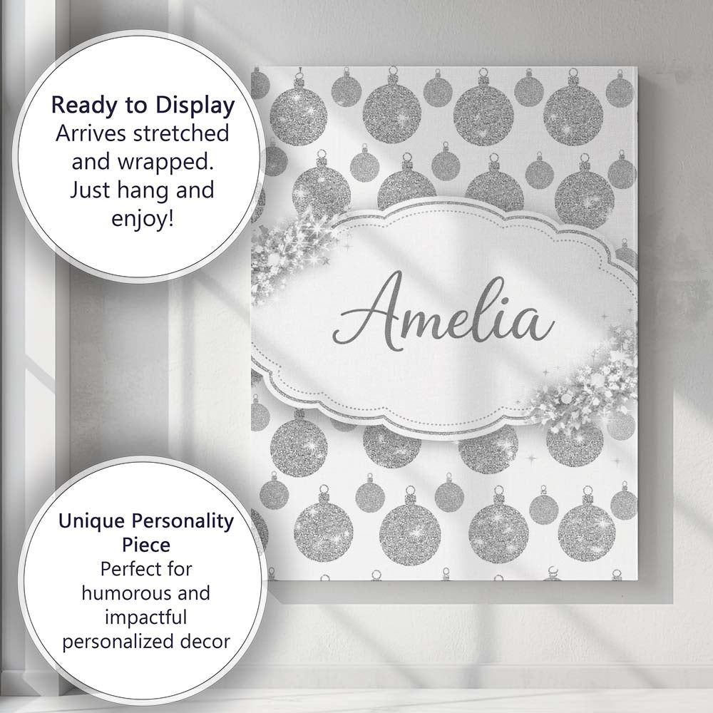 Personalised Name Silver Glitter Bauble Christmas Pattern Minimal Custom Bespoke Canvas Wall Art Print Decor Picture Ready to Hang