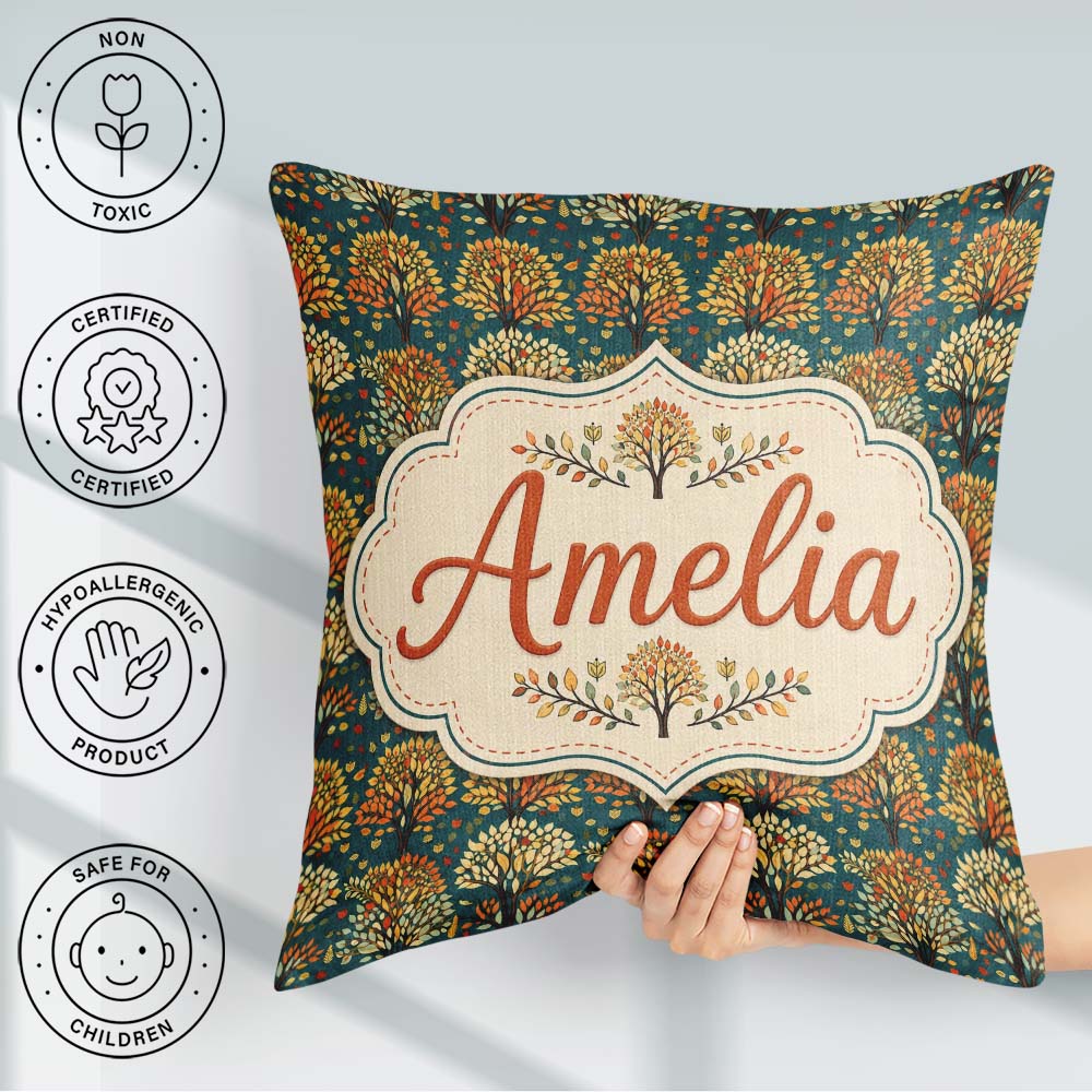 Custom Name Decorative Autumn Trees in Teal and Orange Art Style Square Filled Cushion Throw Pillow Sofa Bed Home Decor Zip Washable UK Made