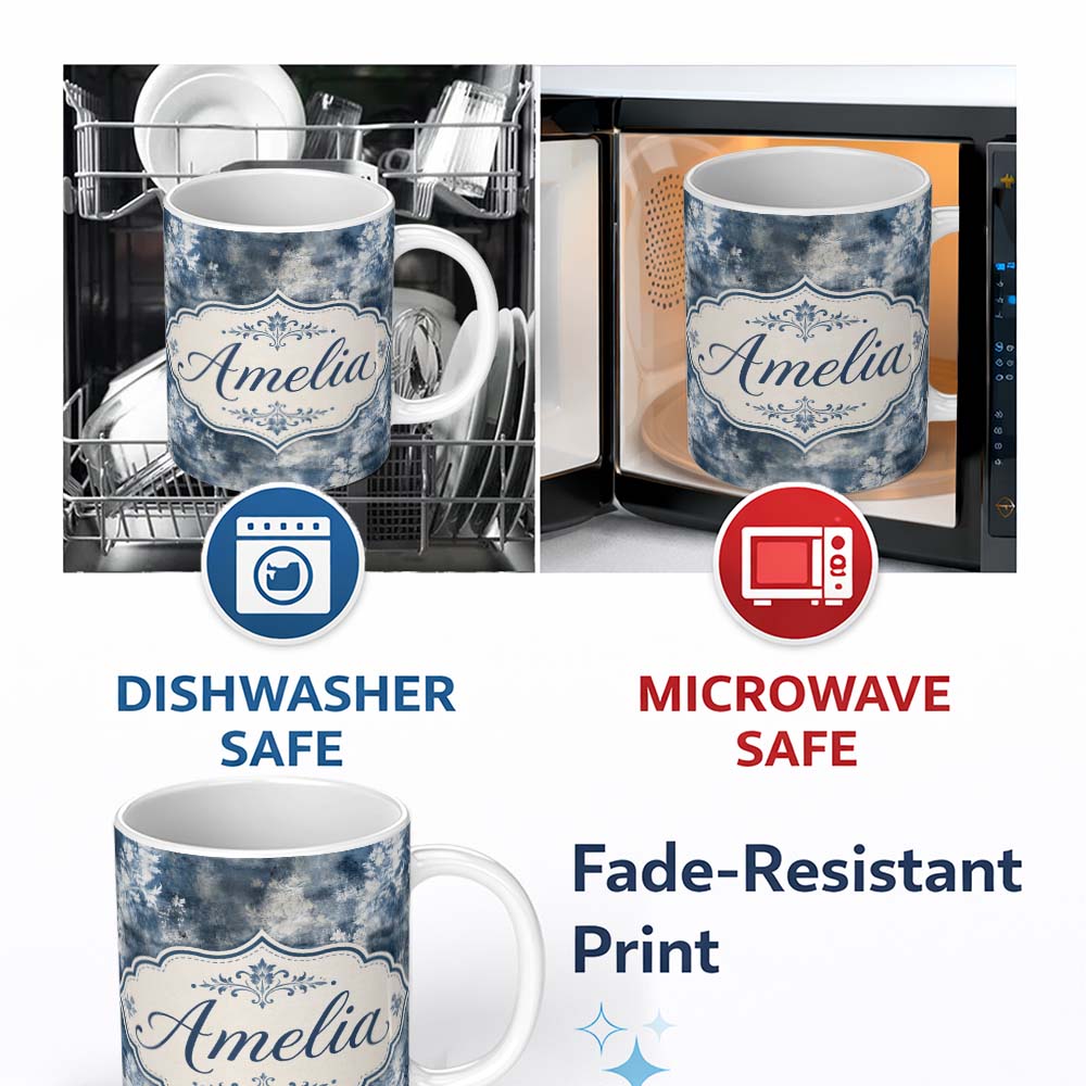 Personalized Custom Name Vintage Blue Watercolour Floral Toile Seamless Pattern with Lovely 11oz Ceramic Coffee Tea Mug White Large Handle