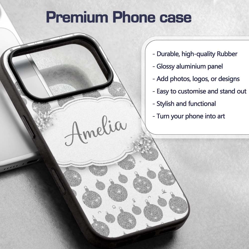 Silver Glitter Bauble Christmas Pattern Minimal Custom Name Protective Phone Case Mobile Cover Durable Everyday Smartphone Shock Resistant