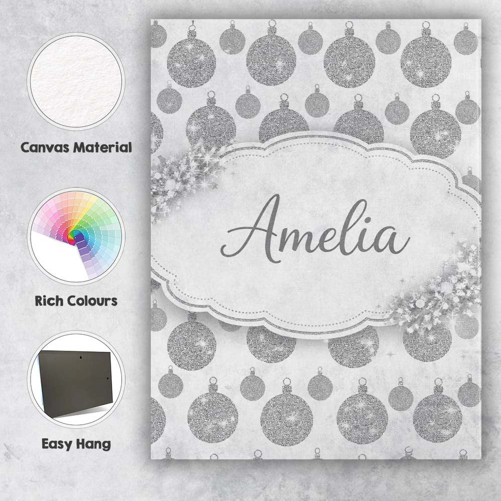 Personalised Name Silver Glitter Bauble Christmas Pattern Minimal Custom Bespoke Canvas Wall Art Print Decor Picture Ready to Hang