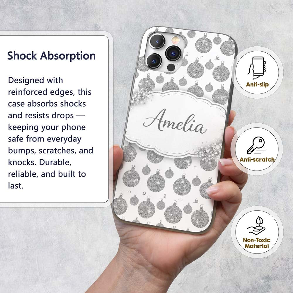 Silver Glitter Bauble Christmas Pattern Minimal Custom Name Protective Phone Case Mobile Cover Durable Everyday Smartphone Shock Resistant