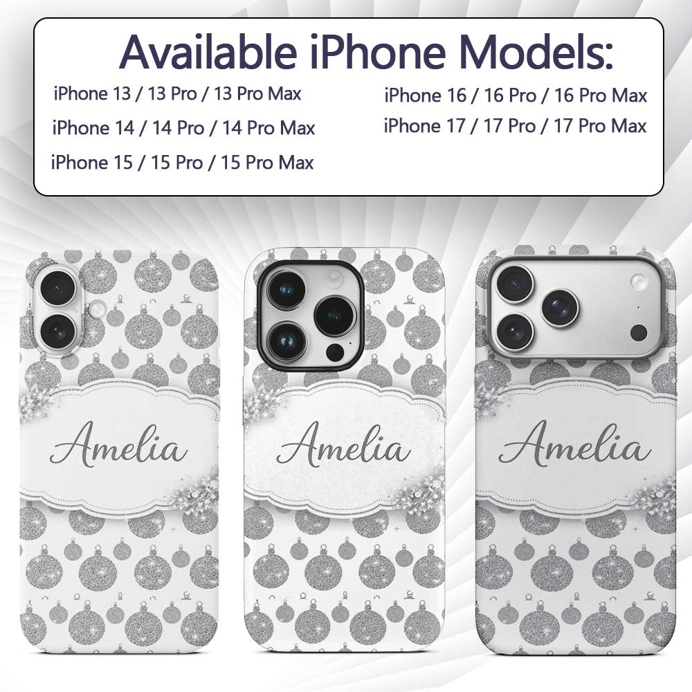 Silver Glitter Bauble Christmas Pattern Minimal Custom Name Protective Phone Case Mobile Cover Durable Everyday Smartphone Shock Resistant