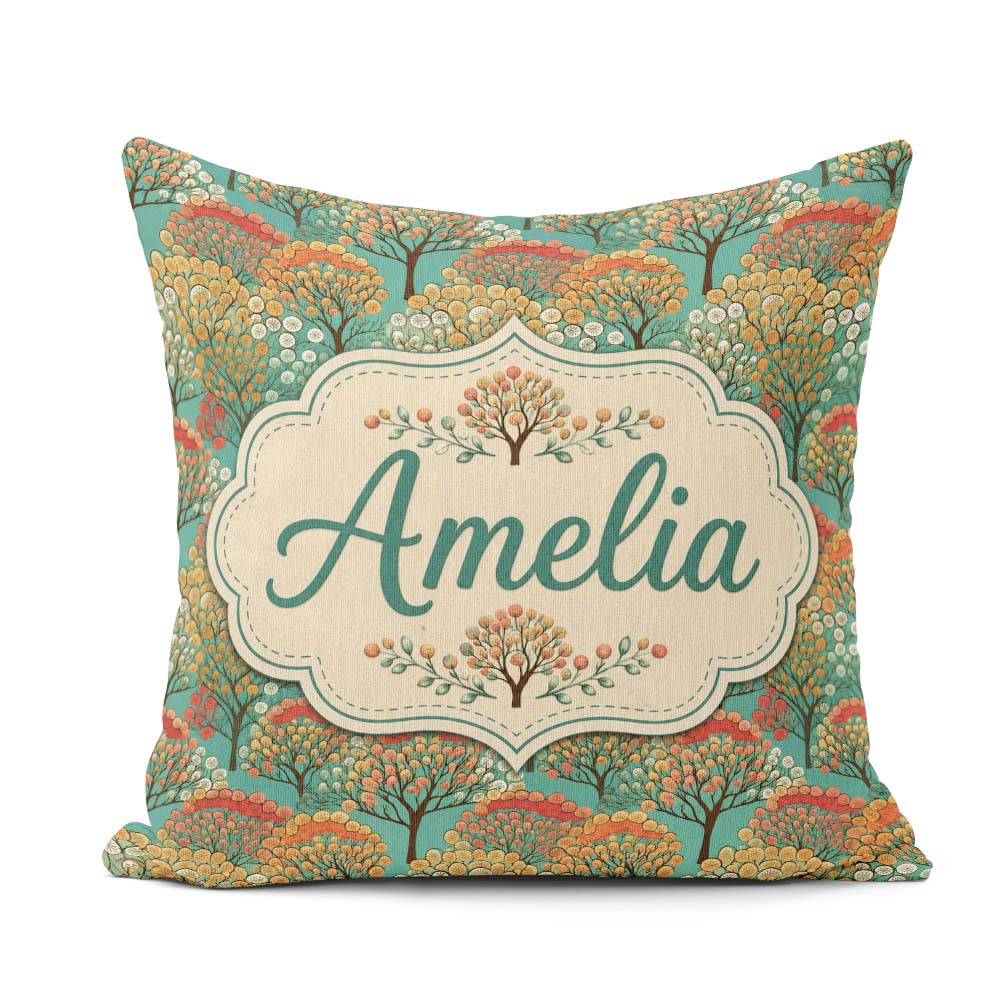 Custom Name Retro Trees with Rounded Foliage on Teal Background Square Filled Cushion Throw Pillow Sofa Bed Home Decor Zip Washable UK Made