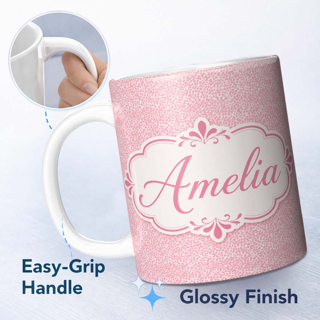 Personalized Custom Name Pastel Pink Watercolour Animal Print Soft Blended Seamless Pattern 11oz Ceramic Coffee Tea Mug White Large Handle