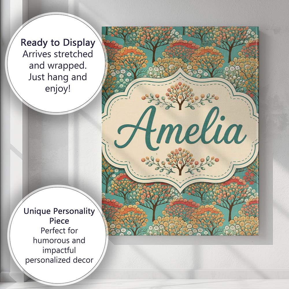 Personalised Name Colourful Retro Trees Custom Modern Room Accent Elegant Feature Canvas Wall Art Print Decor Picture Ready to Hang