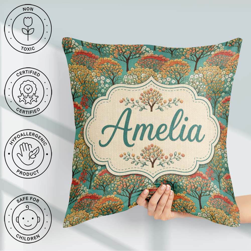 Custom Name Retro Trees with Rounded Foliage on Teal Background Square Filled Cushion Throw Pillow Sofa Bed Home Decor Zip Washable UK Made