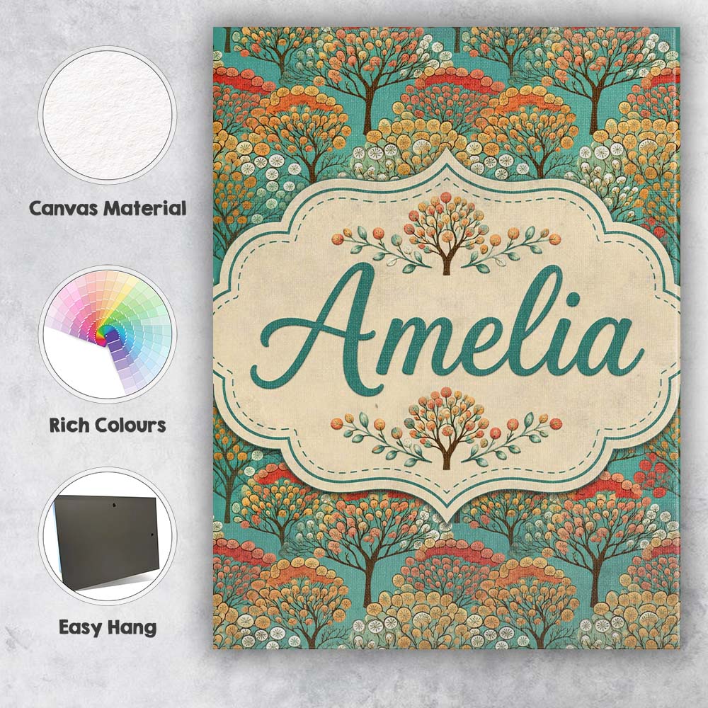 Personalised Name Colourful Retro Trees Custom Modern Room Accent Elegant Feature Canvas Wall Art Print Decor Picture Ready to Hang