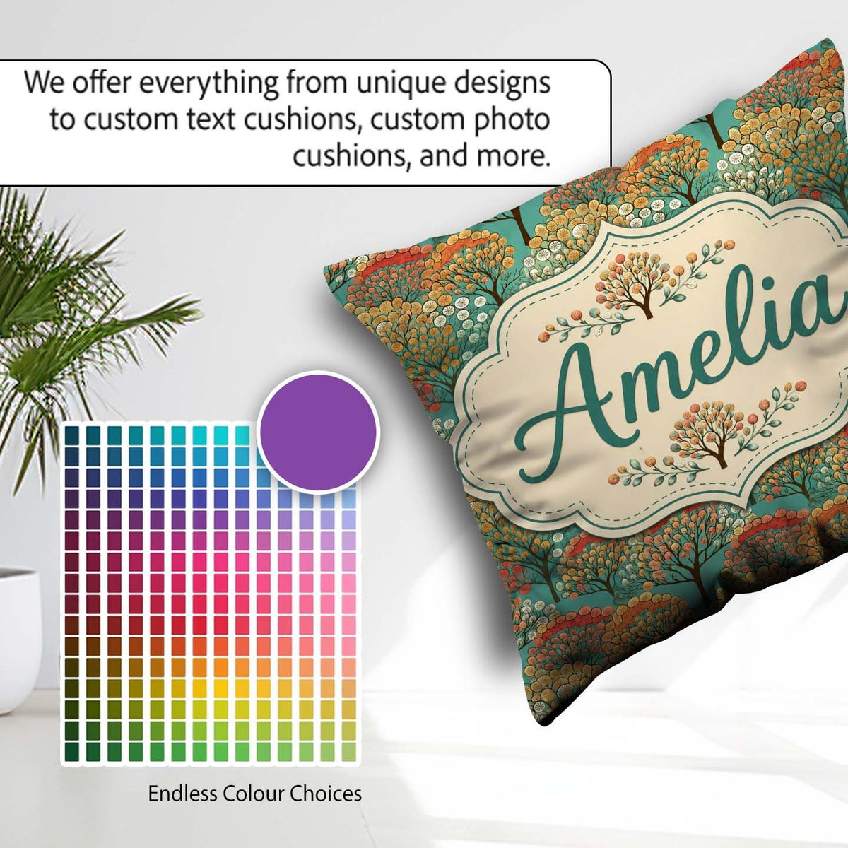 Custom Name Retro Trees with Rounded Foliage on Teal Background Square Filled Cushion Throw Pillow Sofa Bed Home Decor Zip Washable UK Made