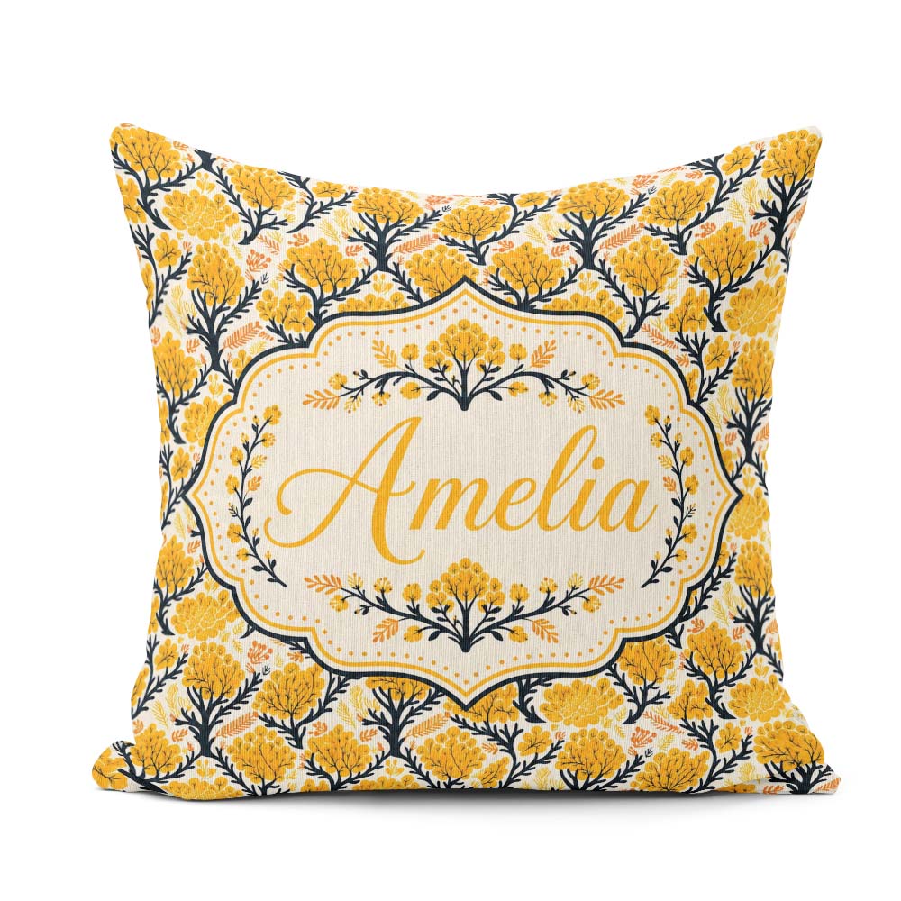 Custom Name Bold Mustard Yellow Floral Tree with Branches Modern Square Filled Cushion Throw Pillow Sofa Bed Home Decor Zip Washable UK Made