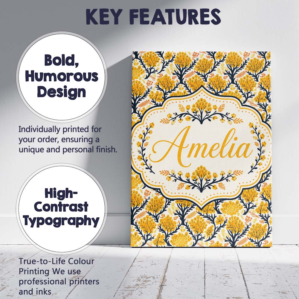 Personalised Name Bold Mustard Yellow Custom Modern Room Accent Creative Decorator Style Canvas Wall Art Print Decor Picture Ready to Hang