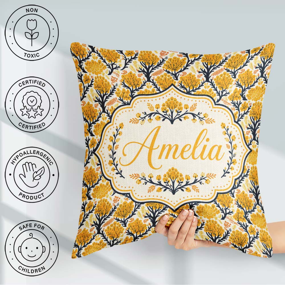 Custom Name Bold Mustard Yellow Floral Tree with Branches Modern Square Filled Cushion Throw Pillow Sofa Bed Home Decor Zip Washable UK Made