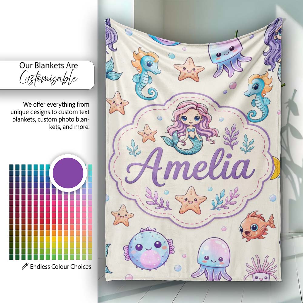 Cute Cartoon Mermaid with Sea Creatures on Light Background Kids Personalised Custom Name Super Soft Fleece Blanket Bed Sofa Throw