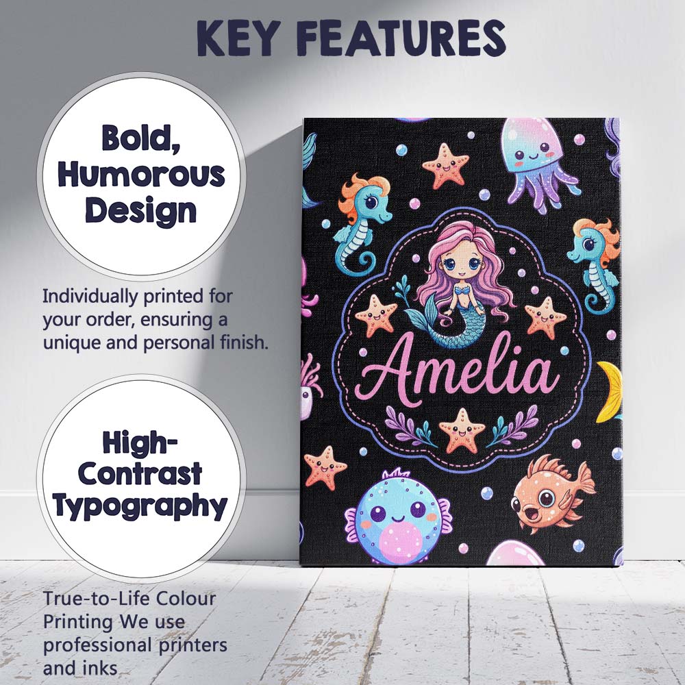 Personalised Name Cute Cartoon Mermaid with Custom Bespoke Interior Contemporary Canvas Wall Art Print Decor Picture Ready to Hang