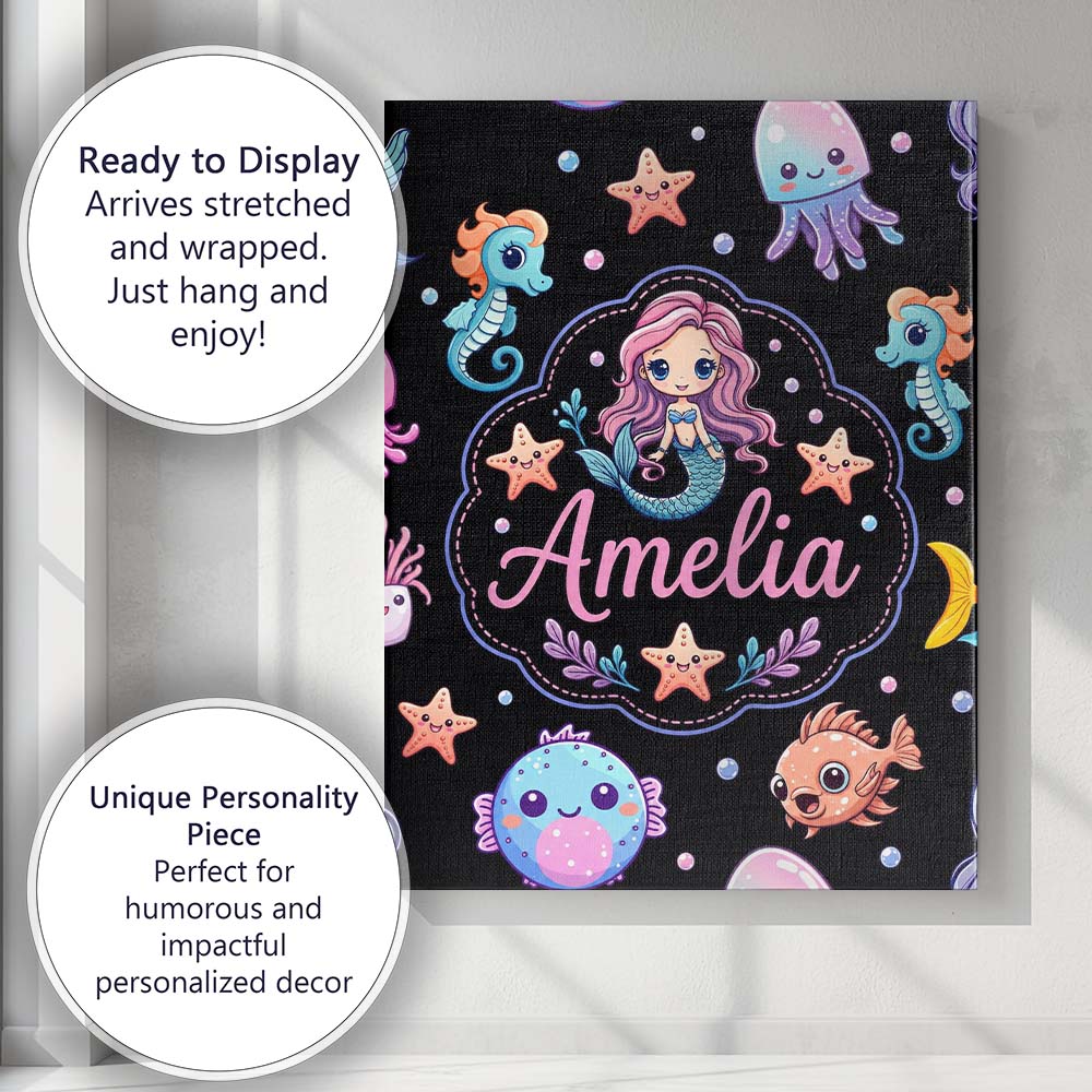 Personalised Name Cute Cartoon Mermaid with Custom Bespoke Interior Contemporary Canvas Wall Art Print Decor Picture Ready to Hang