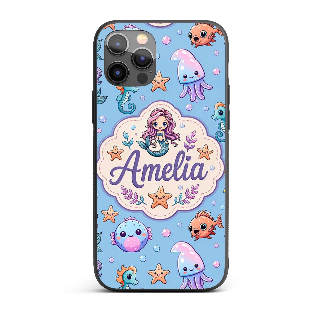 Cute Cartoon Mermaid with Sea Creatures on Blue Custom Name Protective Phone Case Mobile Cover Durable Everyday Smartphone Shock Resistant