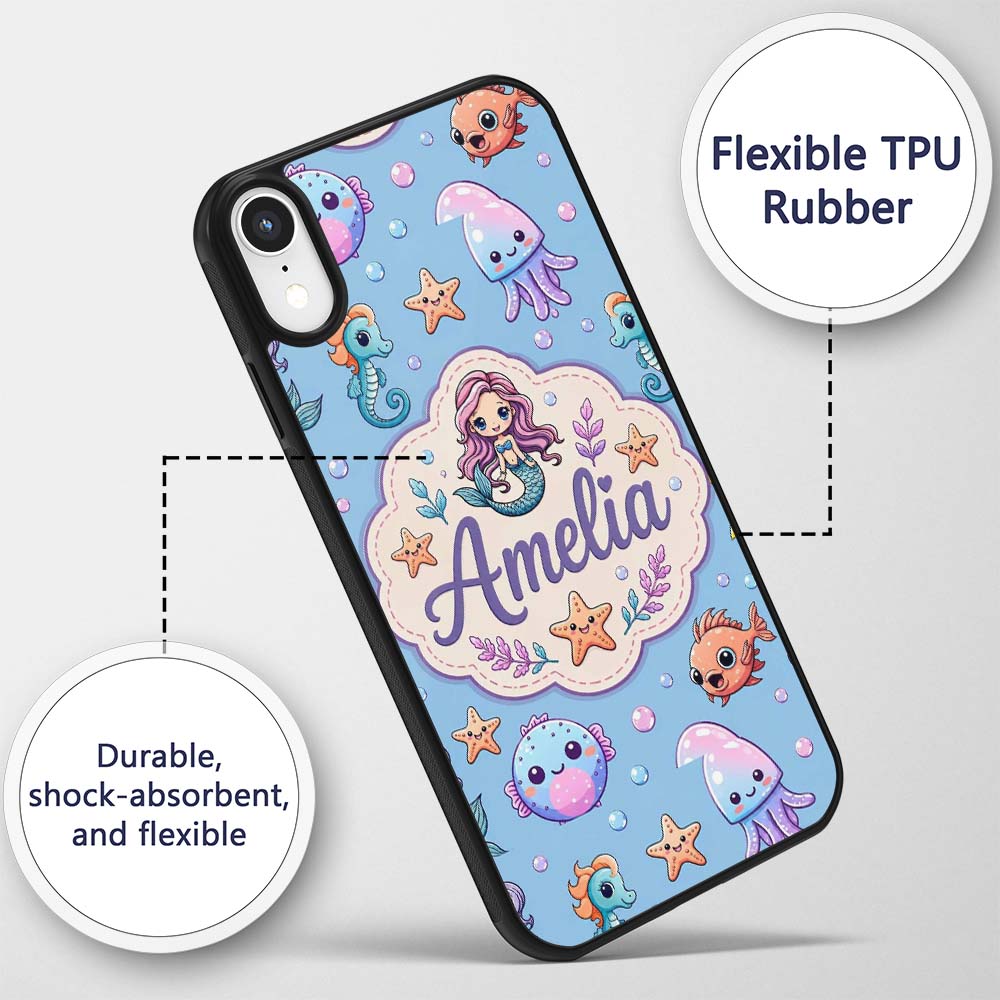 Cute Cartoon Mermaid with Sea Creatures on Blue Custom Name Protective Phone Case Mobile Cover Durable Everyday Smartphone Shock Resistant