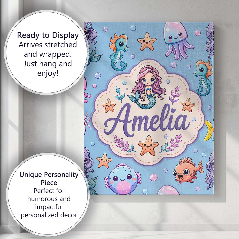 Personalised Name Cute Cartoon Mermaid with Custom Bespoke Interior Contemporary Canvas Wall Art Print Decor Picture Ready to Hang
