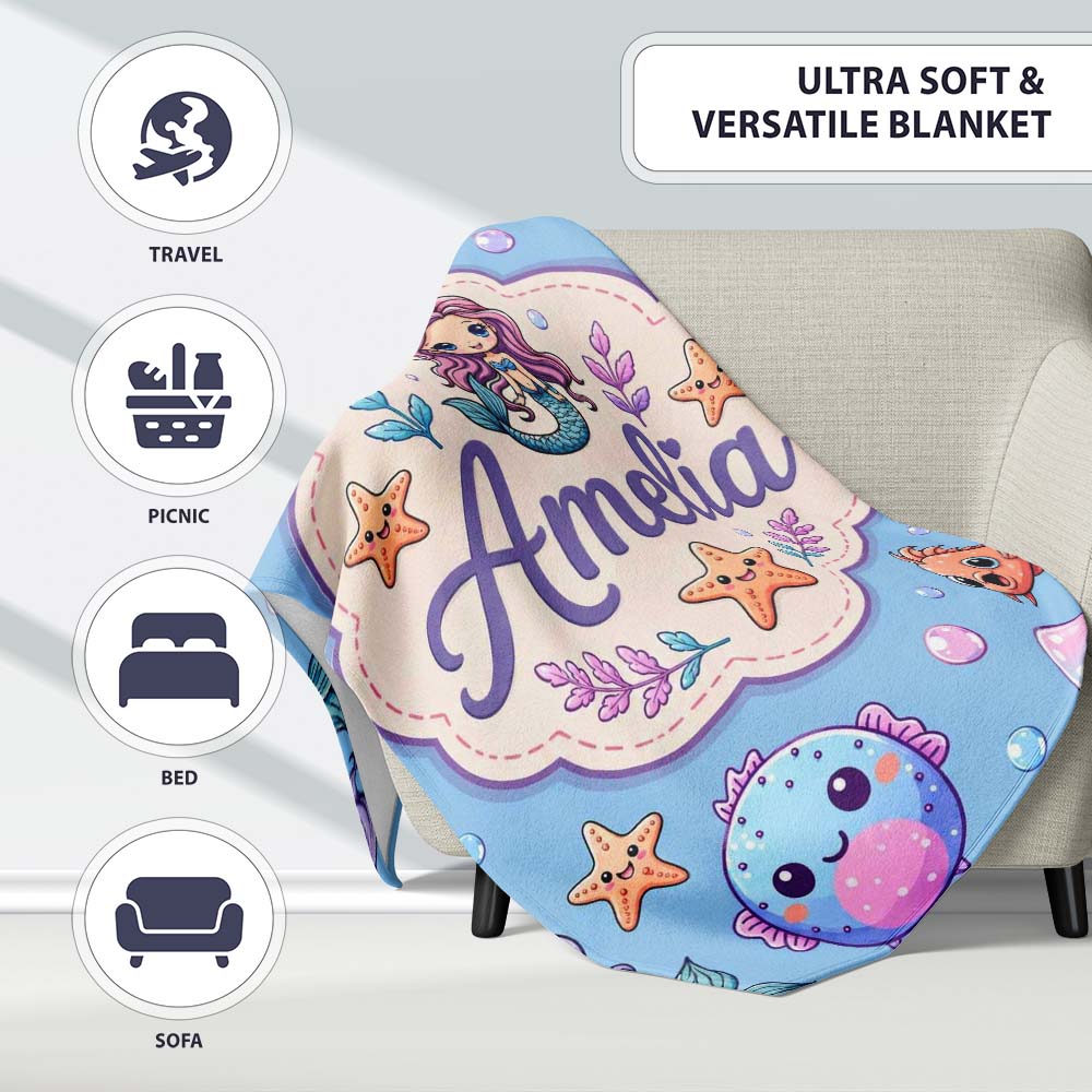 Cute Cartoon Mermaid with Sea Creatures on Blue Background Kids Personalised Custom Name Super Soft Fleece Blanket Bed Sofa Throw